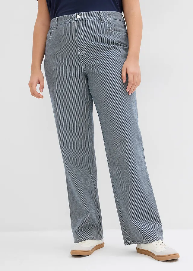 Jean droit loose, taille haute, rayé, Couleur: bleu nuit denim/blanc rayé