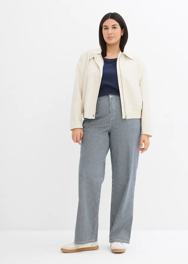 Jean droit loose, taille haute, rayé, Couleur: bleu nuit denim/blanc rayé