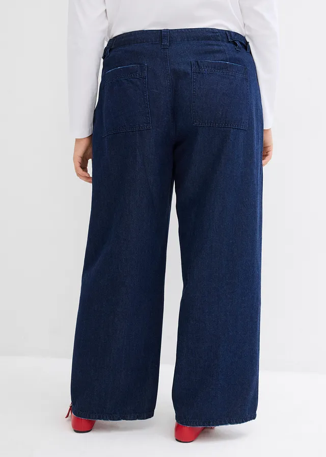 Straight stretch jeans mid waist, Kleur: donkerblauw denim