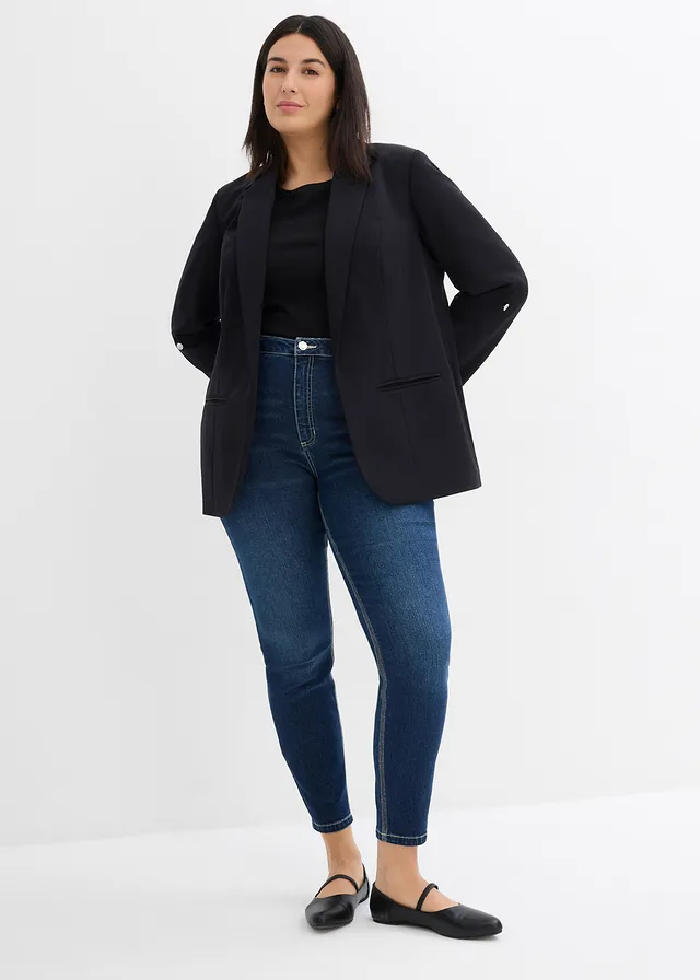 Jean skinny taille mi-haute, cropped, Couleur: bleu foncé denim used