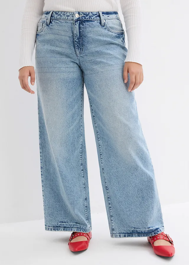 Wide leg jeans, mid waist, low stretch, full length, Kleur: ijsblauw denim used