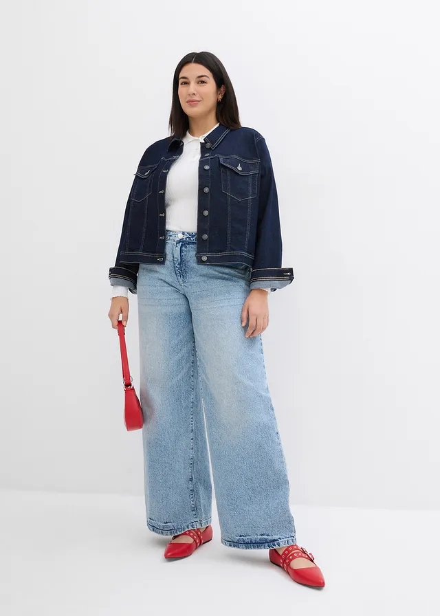 Wide leg jeans, mid waist, low stretch, full length, Kleur: ijsblauw denim used