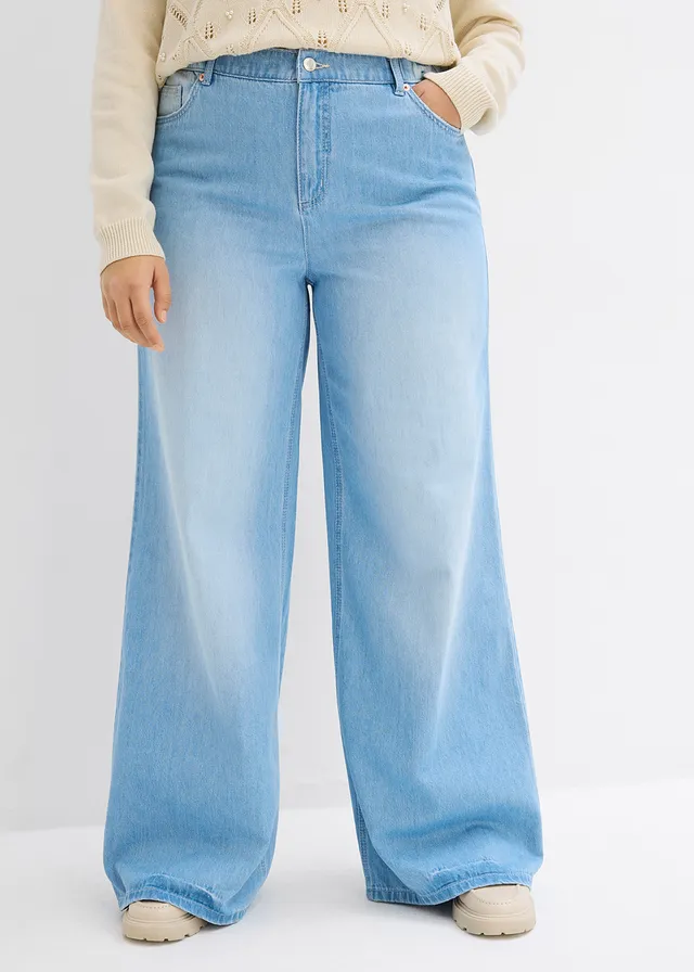 Wide leg jeans, high waist, full length met comfortband, Kleur: lichtblauw denim used