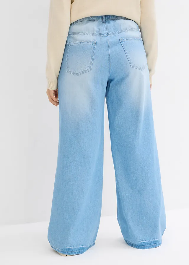 Jean large, taille haute et élastiquée, Couleur: bleu clair denim used