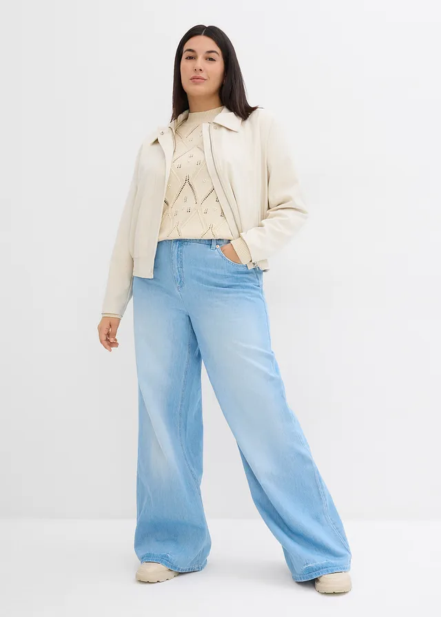 Jean large, taille haute et élastiquée, Couleur: bleu clair denim used