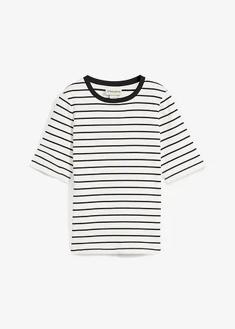 T-shirt van zwaar biologisch katoen, Kleur: wolwit/zwart gestreept