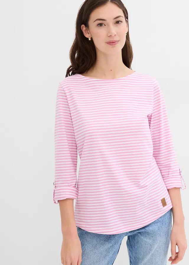 T-shirt manches longues 100% coton, Couleur: mauve rosé/blanc rayé