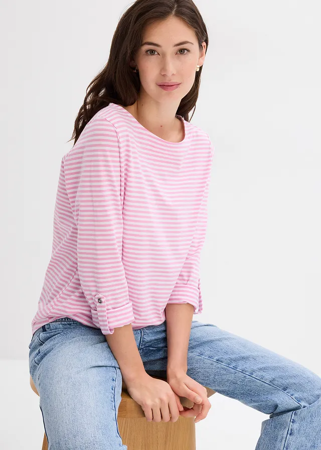 T-shirt manches longues 100% coton • mauve rosé/blanc rayé • product-page.page-title-suffix