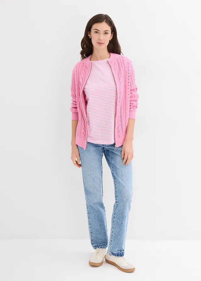 T-shirt manches longues 100% coton, Couleur: mauve rosé/blanc rayé