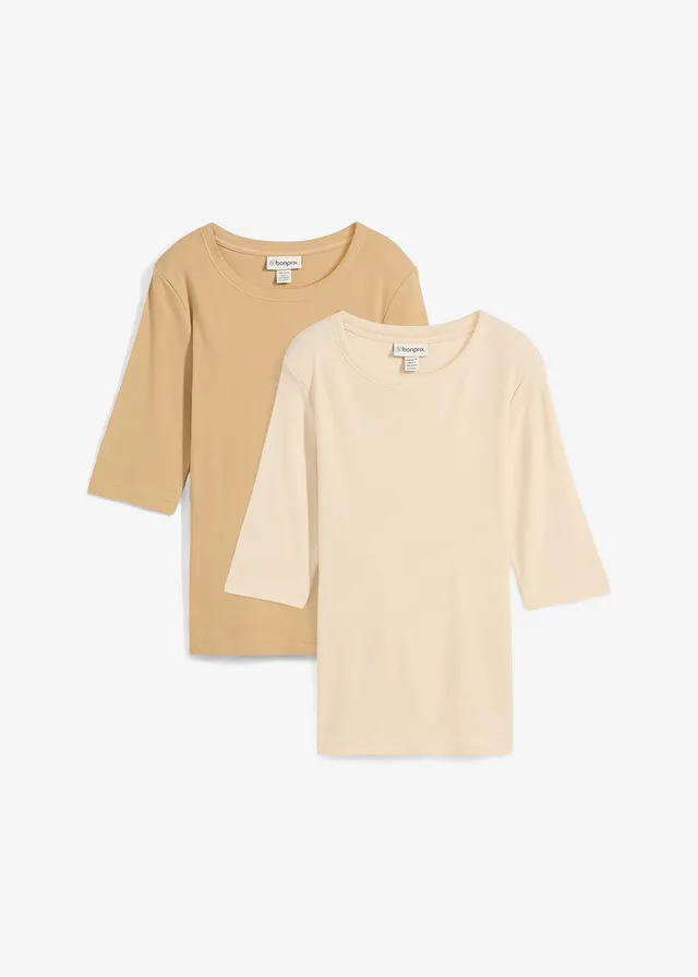 Geribd shirt met biologisch katoen (set van 2), Kleur: new beige-lichtsand