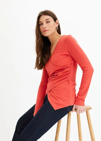 Žebrované tričko se zavinovacím vzhledem • matně korálová • bonprix obchod