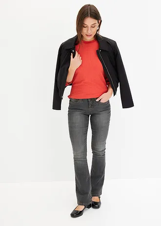 Geribd shirt met ballonmouwen, Kleur: mat koraal