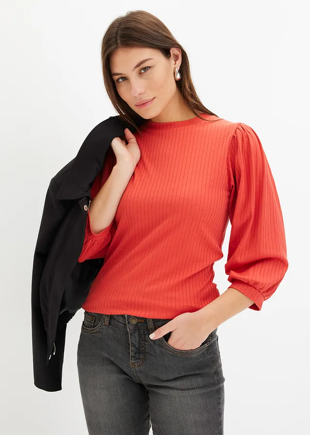 Geribd shirt met ballonmouwen • mat koraal • product-page.page-title-suffix