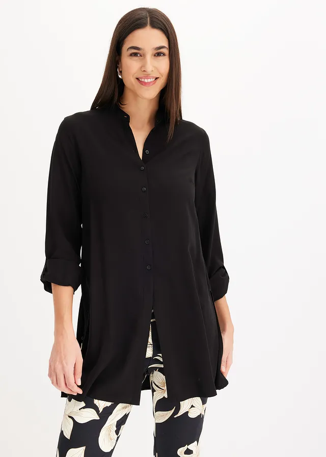 Chemisier long en viscose, Couleur: noir