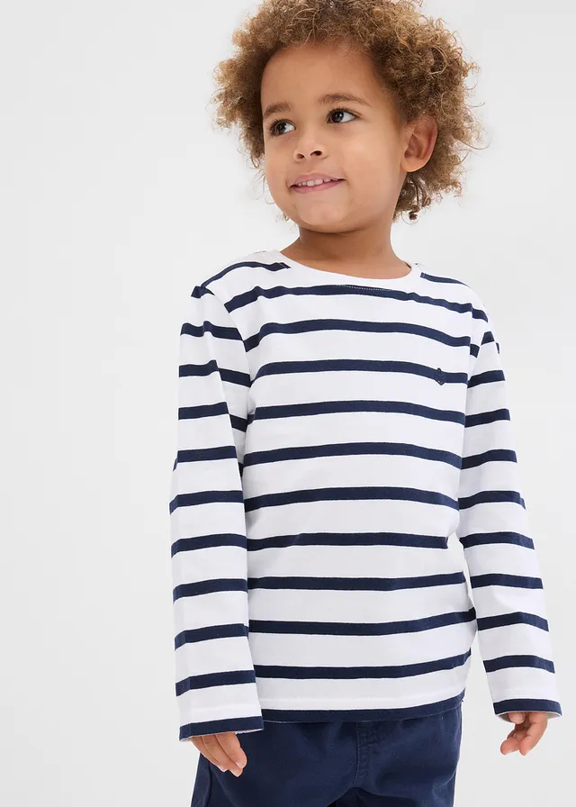 Lot de 2 T-shirts manches longues 100% coton, Couleur: bleu foncé + blanc-bleu foncé rayé