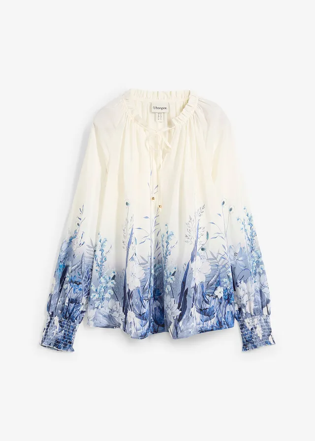 Blouse met zijde, Kleur: lichtblauw-donkerblauw gebloemd