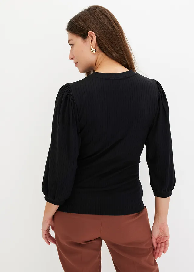 Geribd shirt met ballonmouwen • zwart • product-page.page-title-suffix