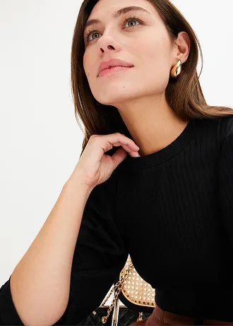 Geribd shirt met ballonmouwen • zwart • bonprix online shop