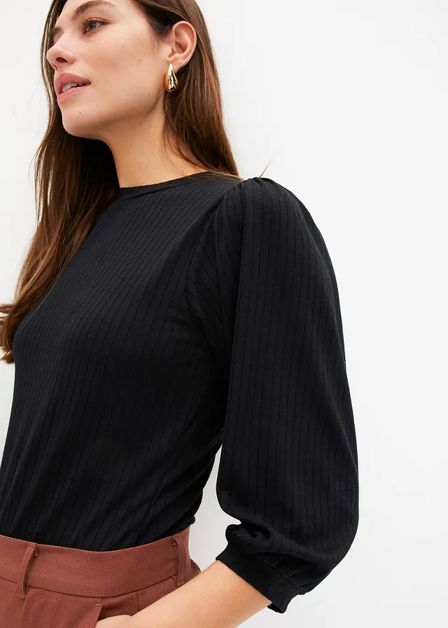 Geribd shirt met ballonmouwen • zwart • product-page.page-title-suffix