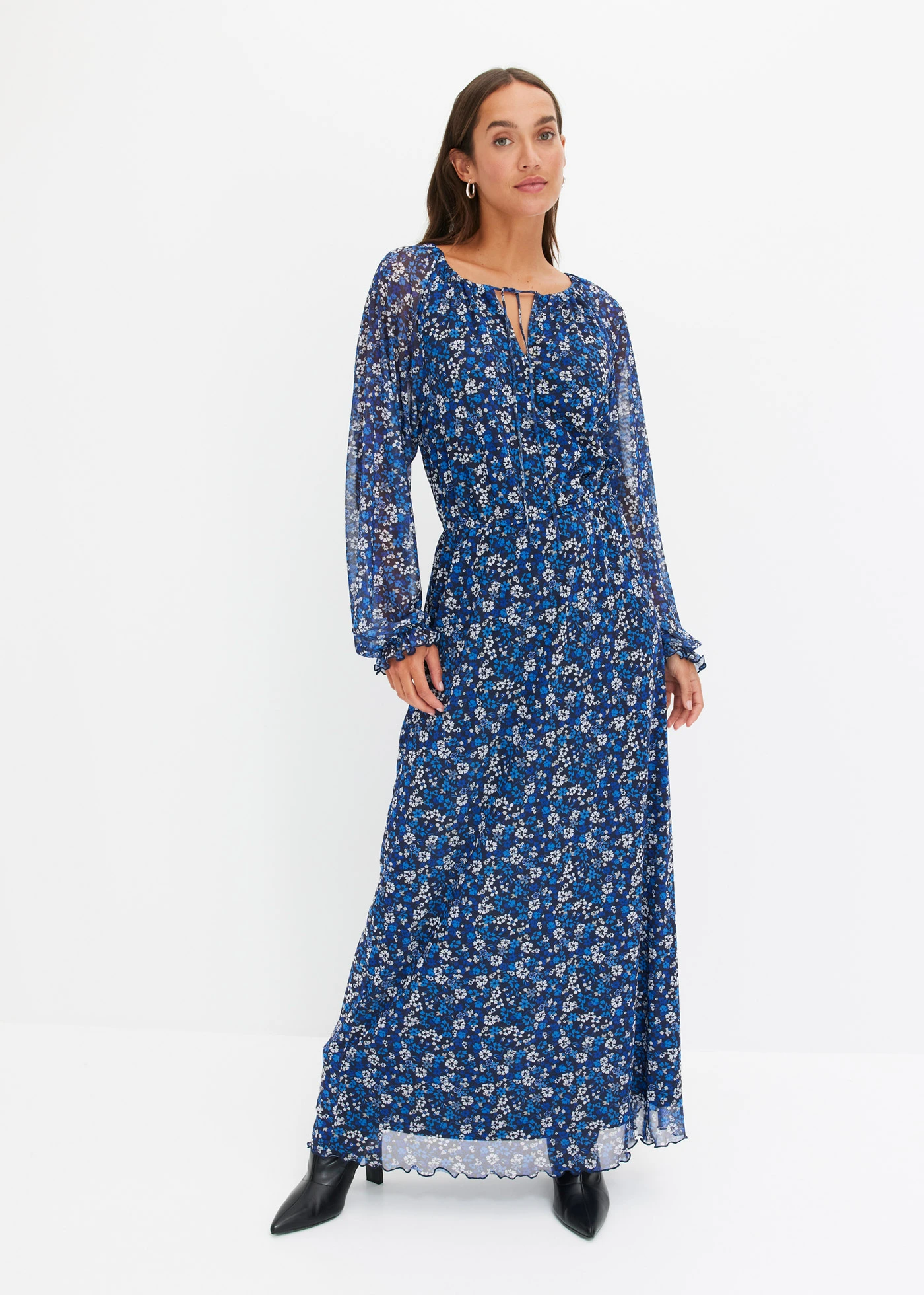 Robe longue en mesh • noir-crème-bleu floral • Boutique bonprix