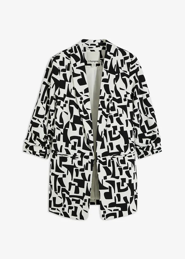 Lange blazer met print, Kleur: wit-zwart grafische print