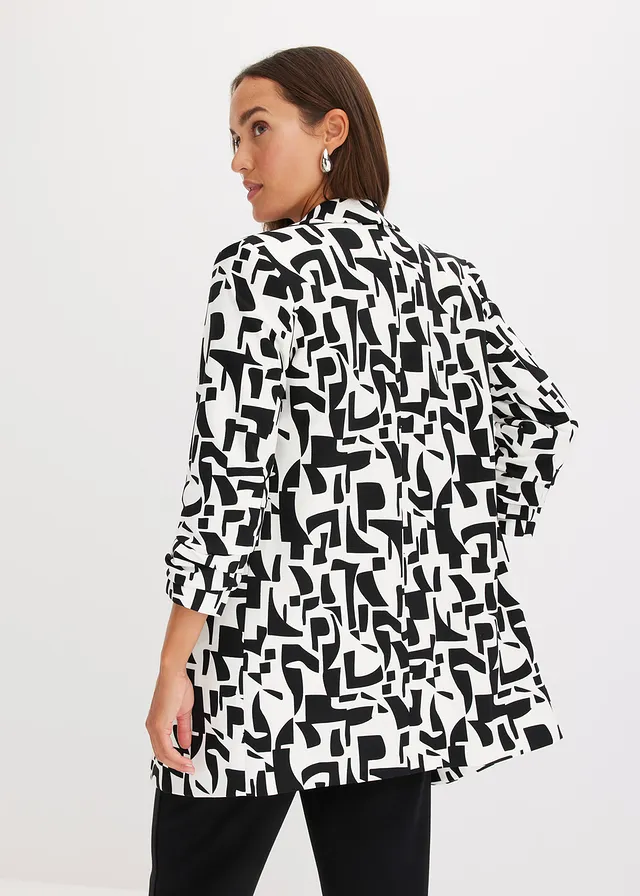 Lange blazer met print, Kleur: wit-zwart grafische print