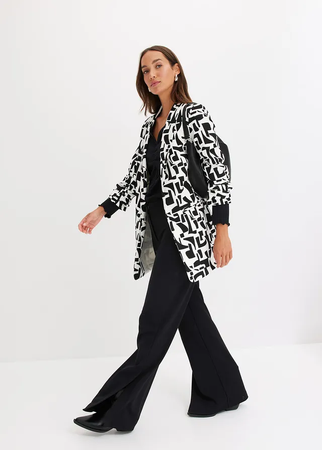 Lange blazer met print, Kleur: wit-zwart grafische print