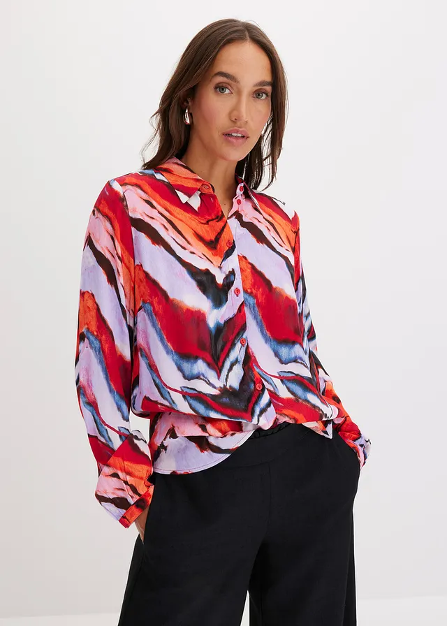Gedessineerde blouse, Kleur: paars-zwart-rood gedessineerd