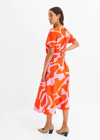 Rochie midi, culoare: roșu-portocaliu/pink imprimeu grafic