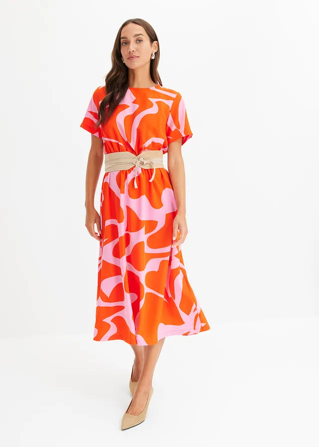 Gedessineerde midi jurk, Kleur: oranje-pink