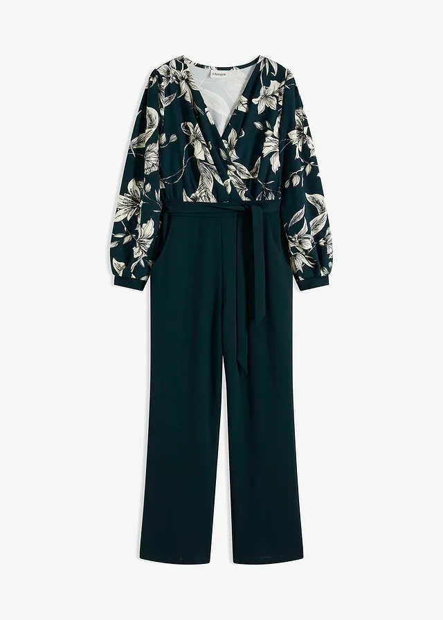 Jersey jumpsuit in wikkellook • diepgroen gebloemd • bonprix online shop
