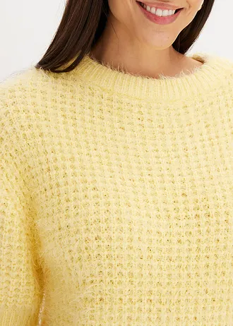 Pulover tricotat cu ochiuri mari din fir pufos • galben deschis/ecru melanj • magazin bonprix