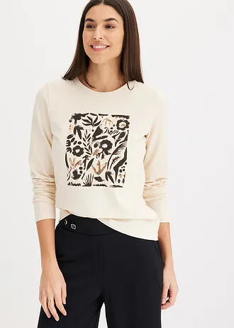 Longsleeve met biologisch katoen, Kleur: kiezelbeige-zwart-mokkabruin gedessineerd