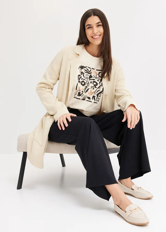 T-shirt manches longues en coton extensible • beige galet/noir/marron moka imprimé • product-page.page-title-suffix