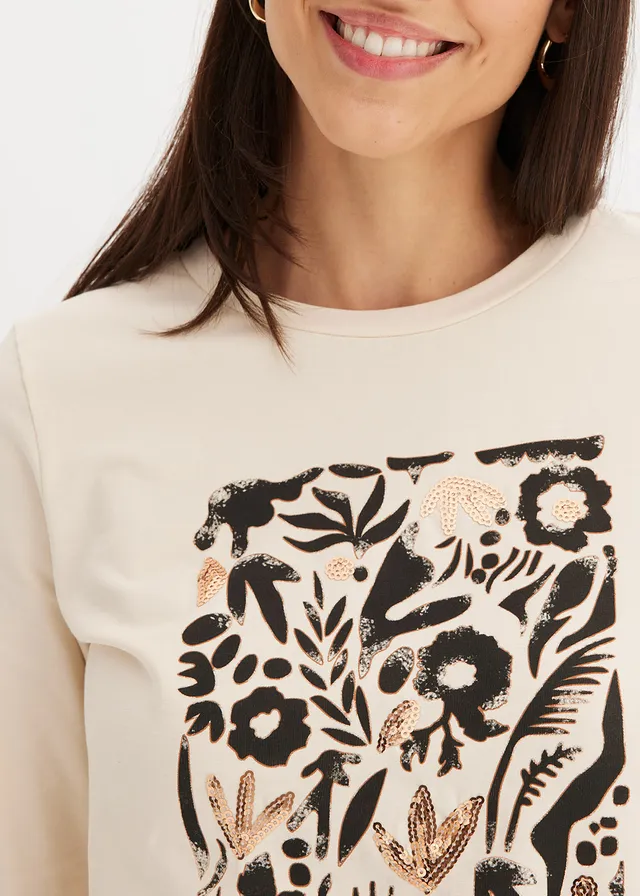 T-shirt manches longues en coton extensible • beige galet/noir/marron moka imprimé • product-page.page-title-suffix