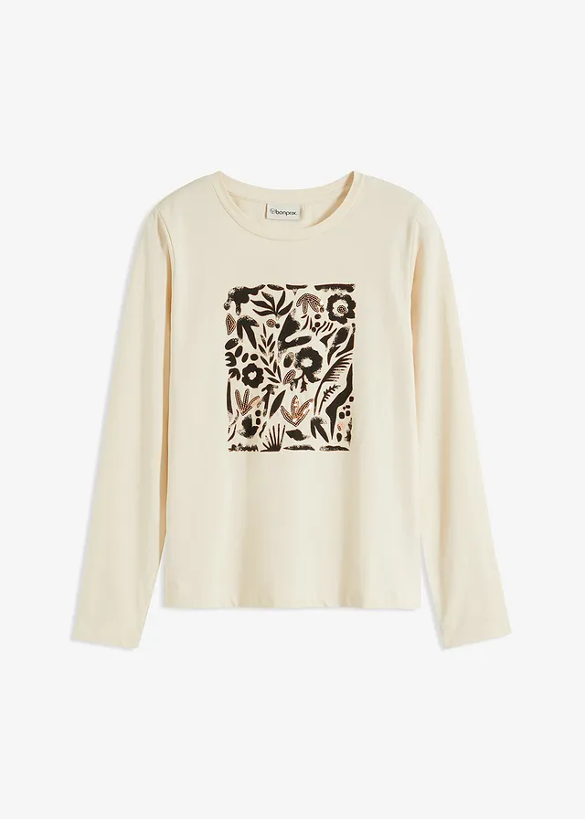 Longsleeve met biologisch katoen, Kleur: kiezelbeige-zwart-mokkabruin gedessineerd