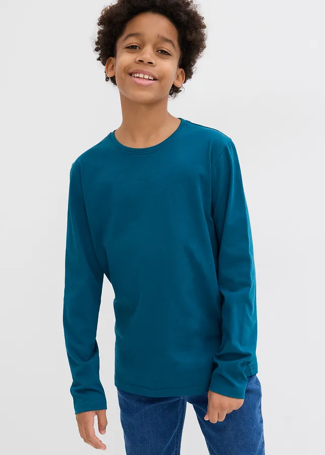 Lot de 3 T-shirts manches longues coton, Couleur: pétrole + bleu foncé + blanc
