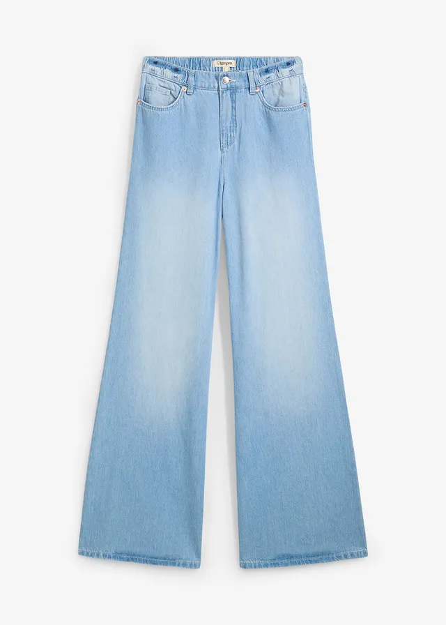 Jean large, taille haute et élastiquée, Couleur: bleu clair denim used