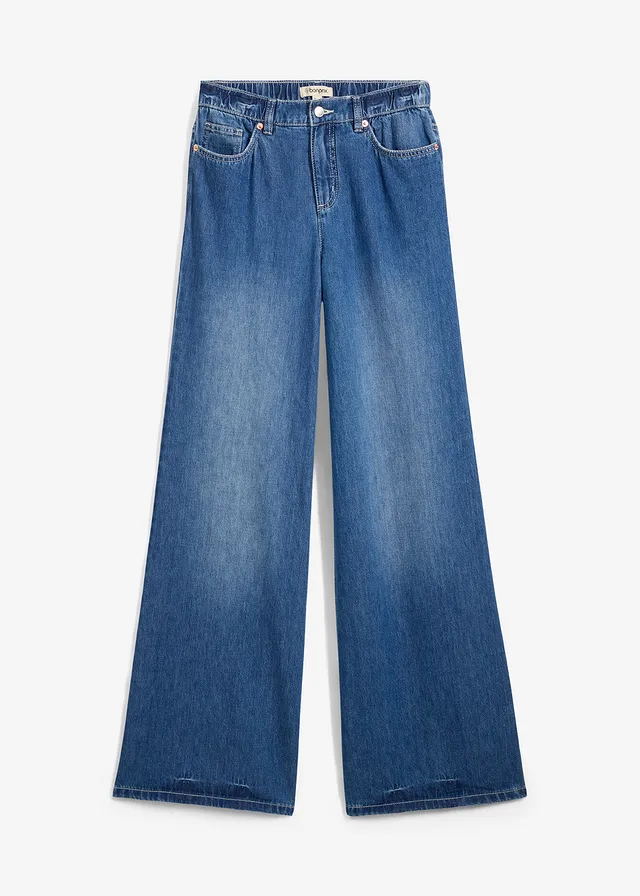 Jean large, taille haute et élastiquée, Couleur: bleu denim used