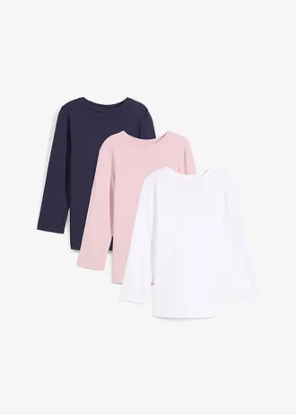 Lot de 3 T-shirts manches longues, Couleur: bleu foncé + blanc + vieux rose