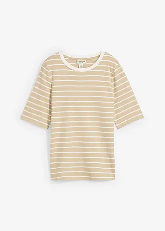 T-shirt van zwaar biologisch katoen, Kleur: lichtbruin-wolwit gestreept