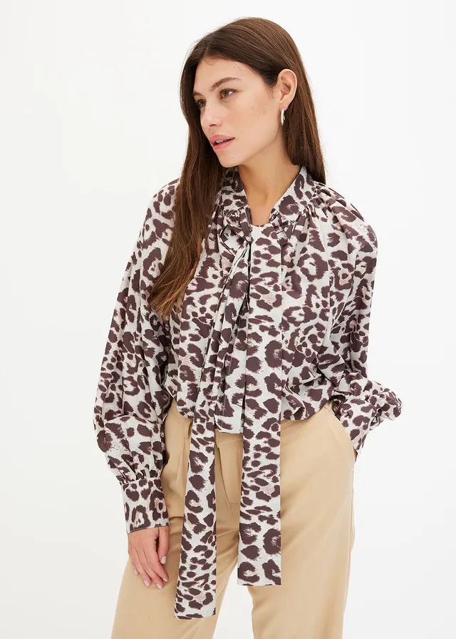 Blouse met strik, Kleur: sand luipaardprint