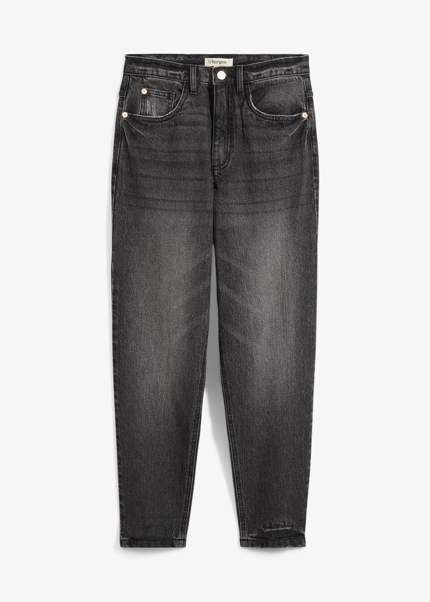 Blugi mom cu talie înaltă, low stretch, cropped • negru denim uzat • magazin bonprix