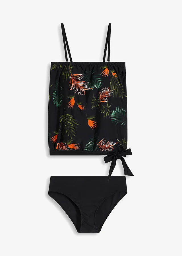 Tankini bandeau (komplet 2-cz.) z odpinanymi ramiączkami • czarno-zielony w kwiaty • sklep bonprix