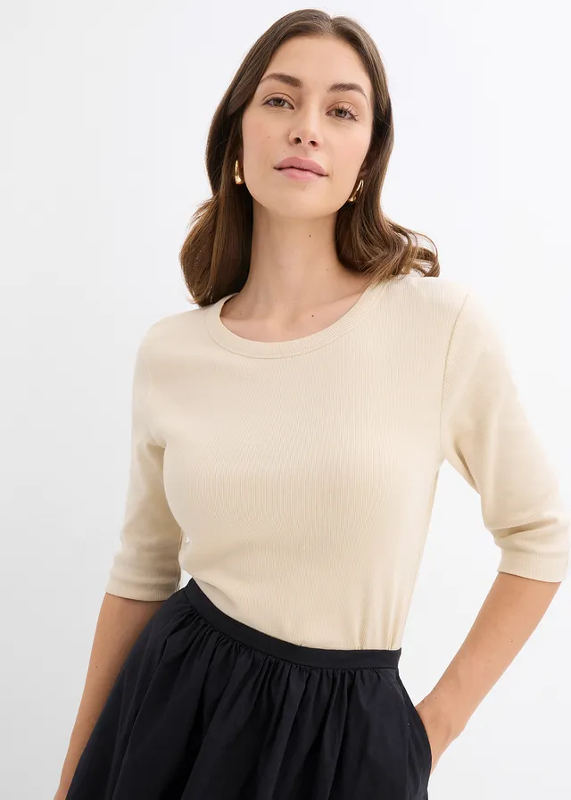 Geribd shirt met biologisch katoen (set van 2), Kleur: new beige-lichtsand