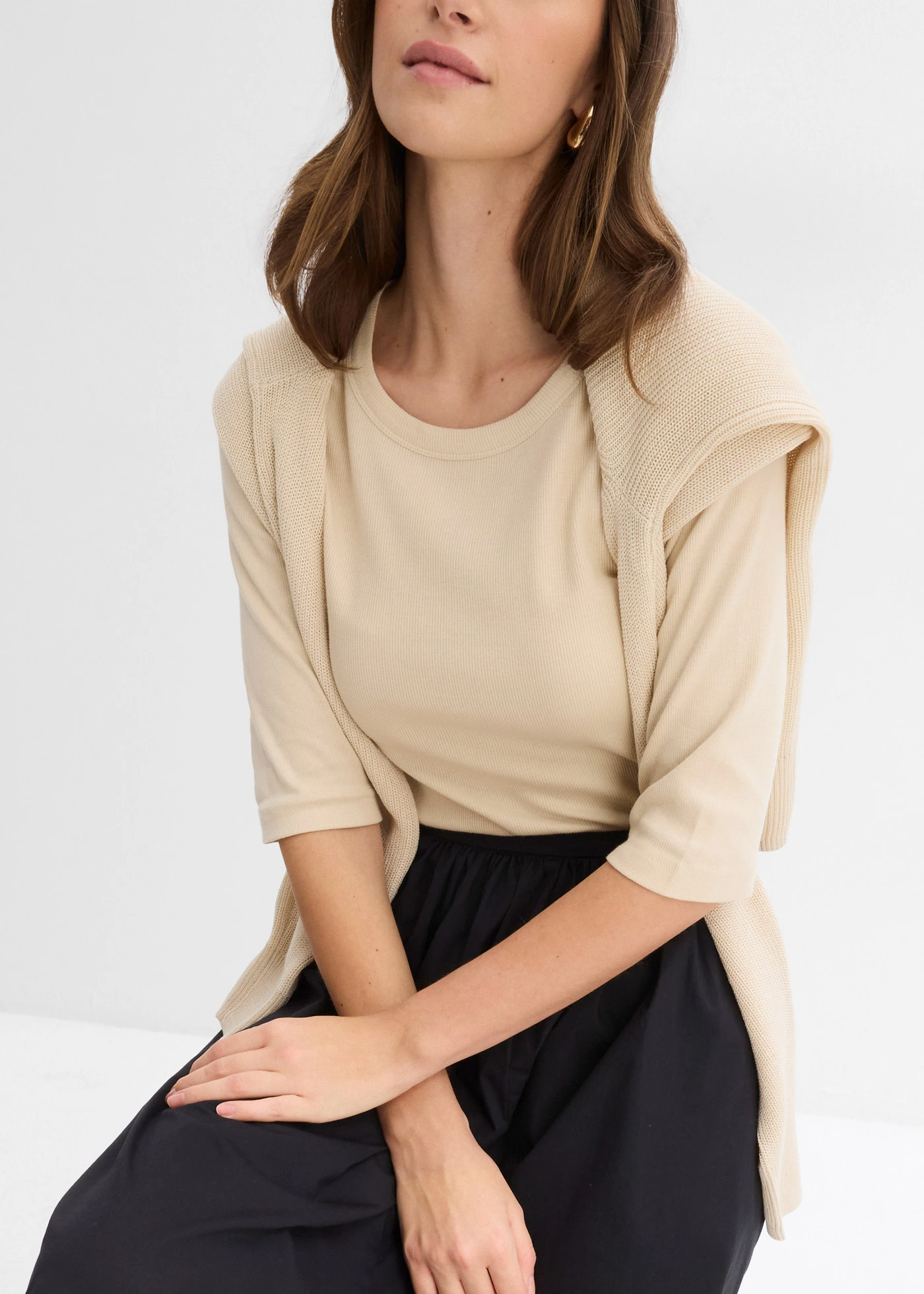 Shirt w prążek, z bawełną organiczną (2 szt.) • beżowy-jasny piaskowy • sklep bonprix