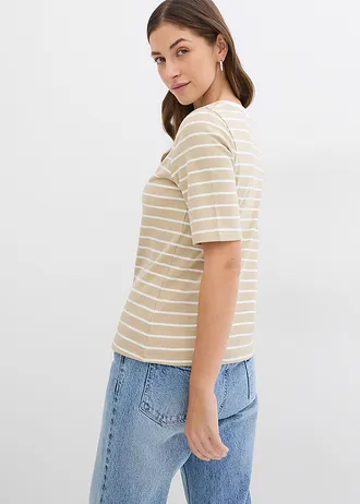 T-shirt van zwaar biologisch katoen, Kleur: lichtbruin-wolwit gestreept