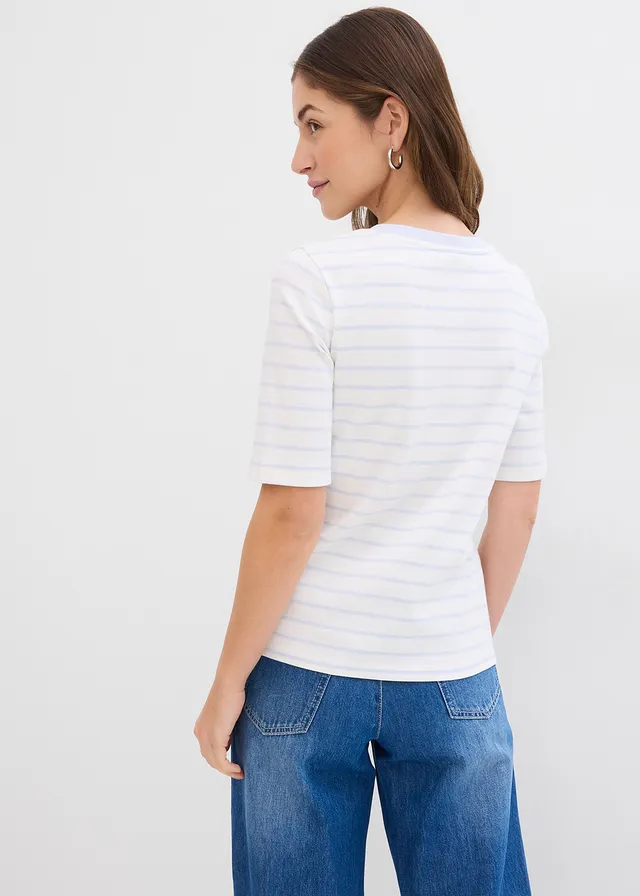 T-shirt van zwaar biologisch katoen, Kleur: wolwit-zachtblauw gestreept