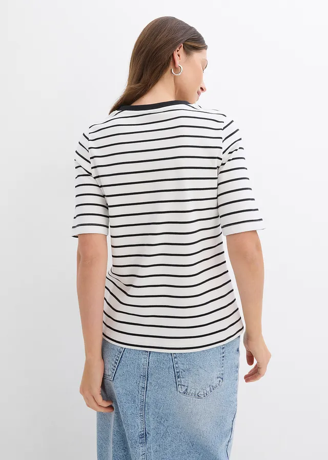 T-shirt van zwaar biologisch katoen • wolwit/zwart gestreept • product-page.page-title-suffix