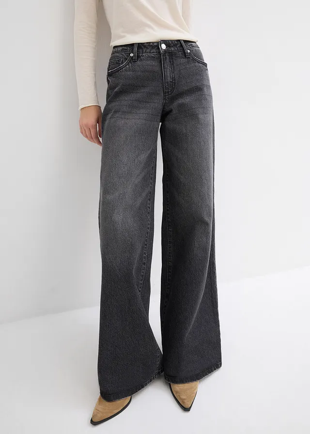 Wide leg jeans, mid waist, low stretch, full length • zwart denim used • product-page.page-title-suffix
